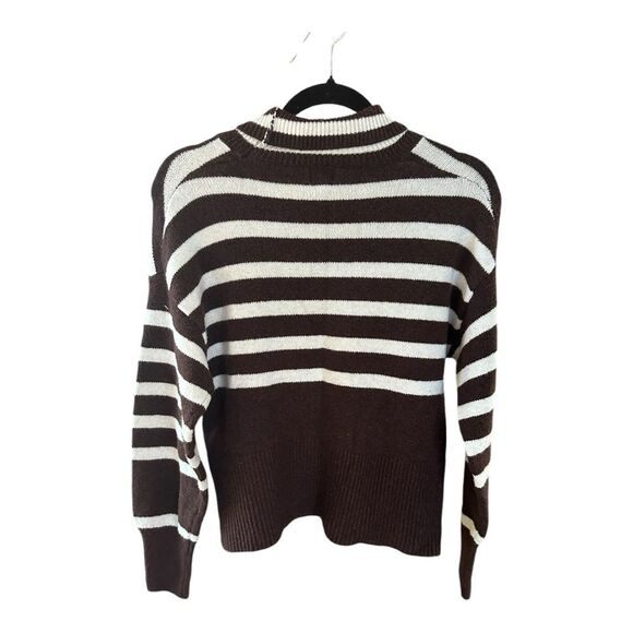 Women's Mock Turtleneck Pullover Sweater - A New Day Brown/Ivory Striped Size XS - Picture 3 of 5